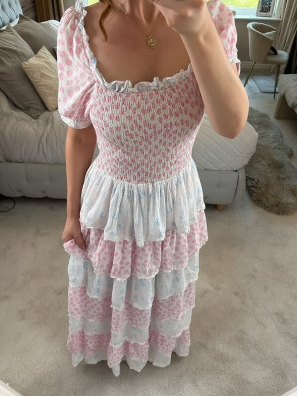Amy Jane London Luna Pink & Blue Floral Tiered Maxi Dress Medium