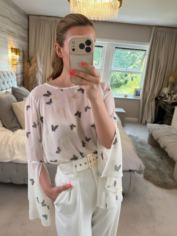 Ribbon White Sheer Butterfly Flared Sleeve Blouse 10