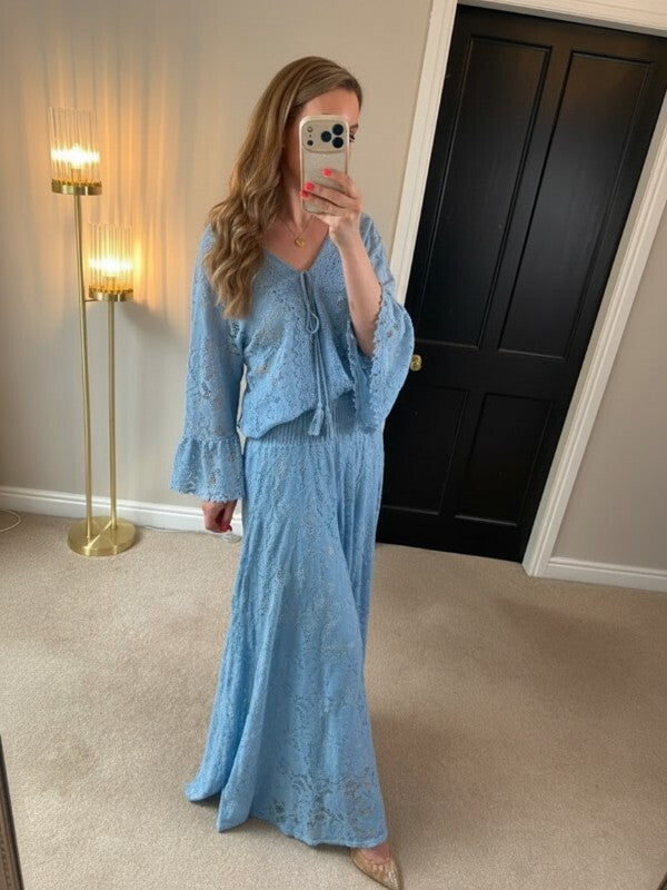 Boutique Light Blue Lace Wide Leg Trouser Boho Co Ord One Size