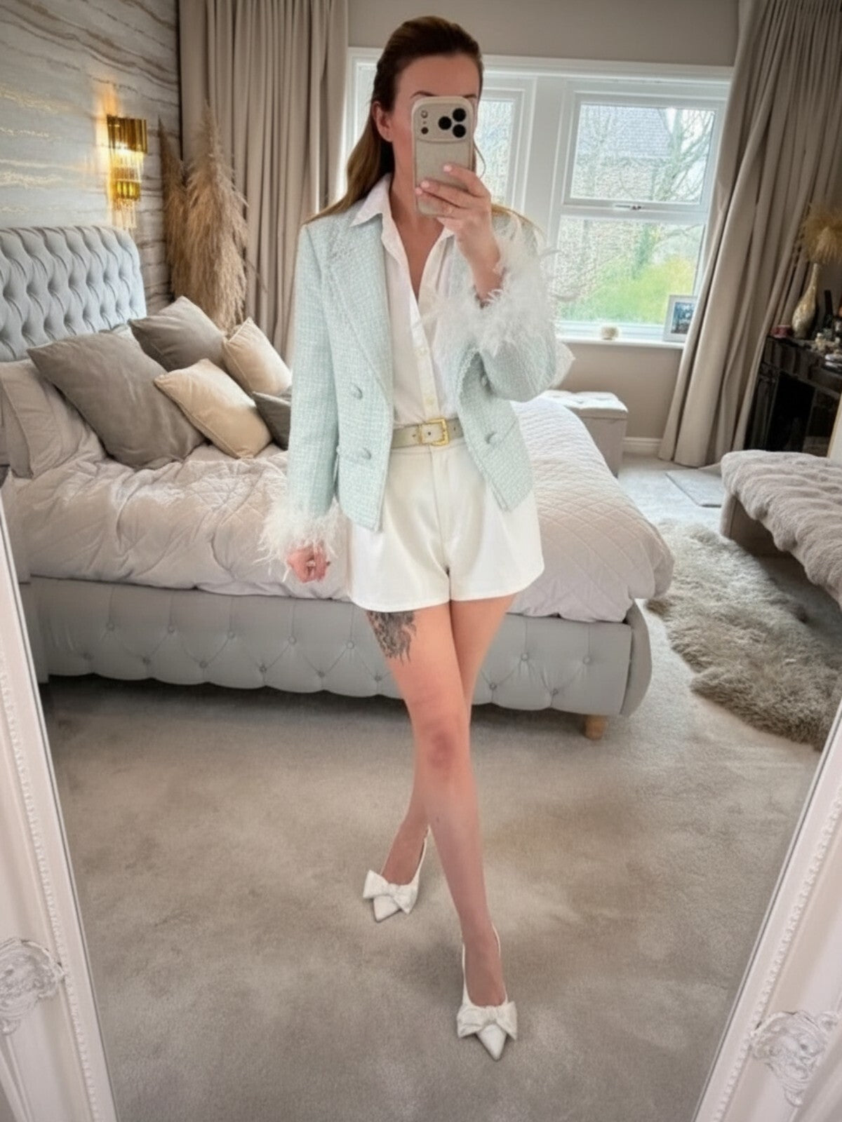 BNWT River Island Mint Green Tweed Feather Cuff Blazer 10