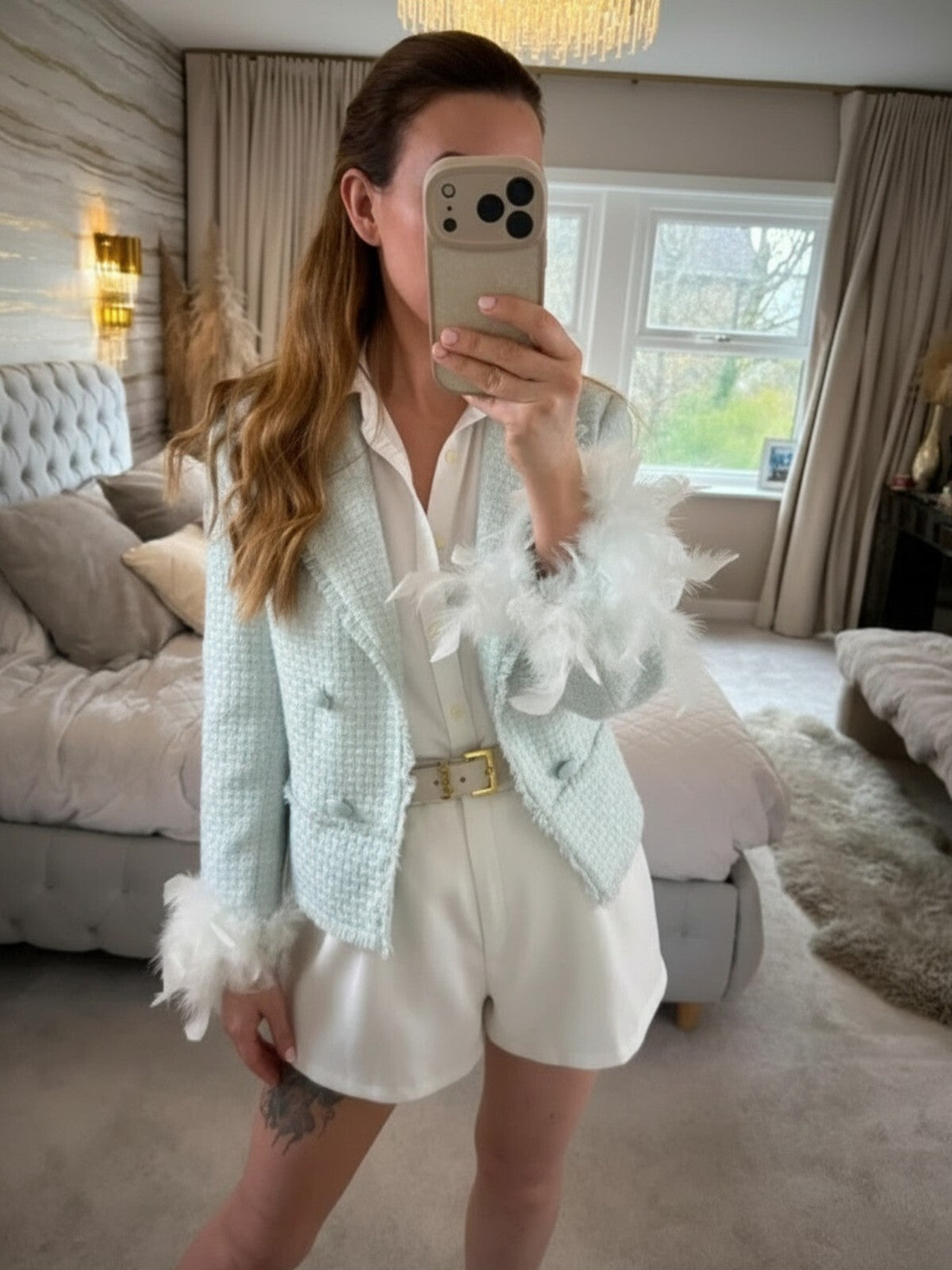 BNWT River Island Mint Green Tweed Feather Cuff Blazer 10