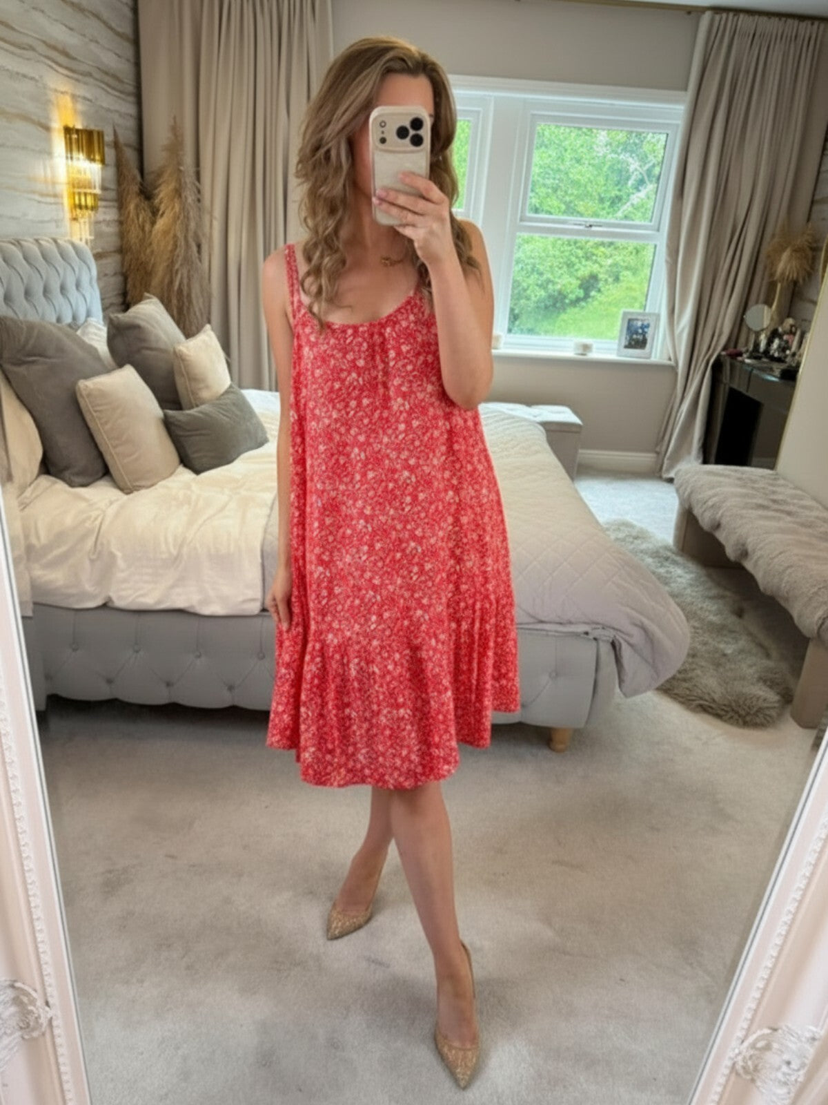 M&S Red & White Floral Floaty Summer Dress 16
