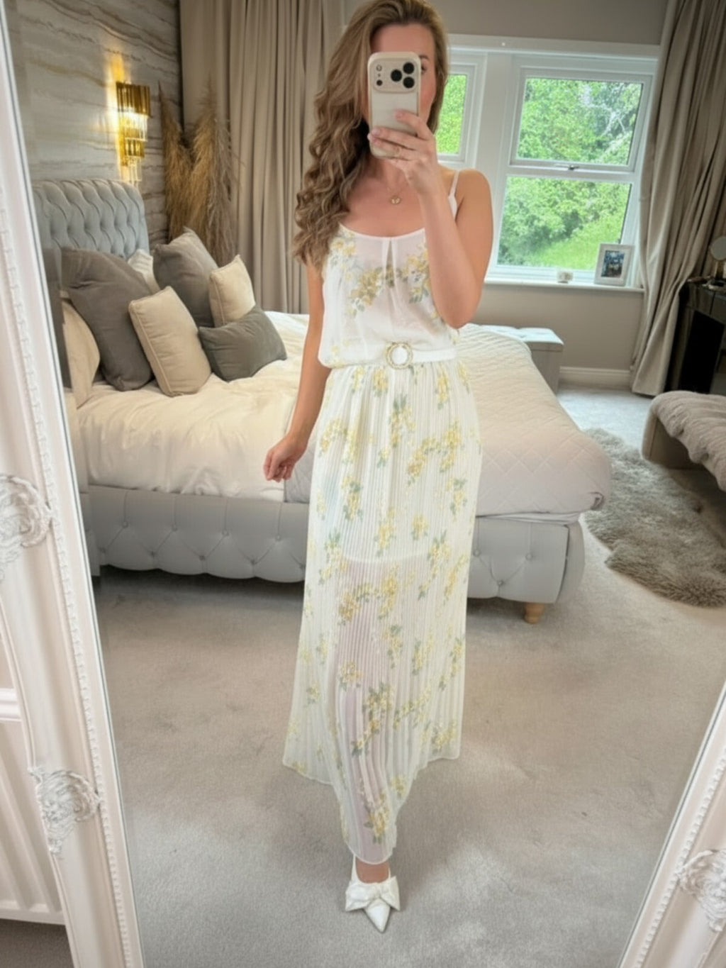 Oasis Sheer White & Yellow Floral Pleated Maxi Dress 12