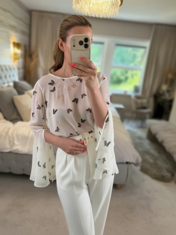 Ribbon White Sheer Butterfly Flared Sleeve Blouse 10