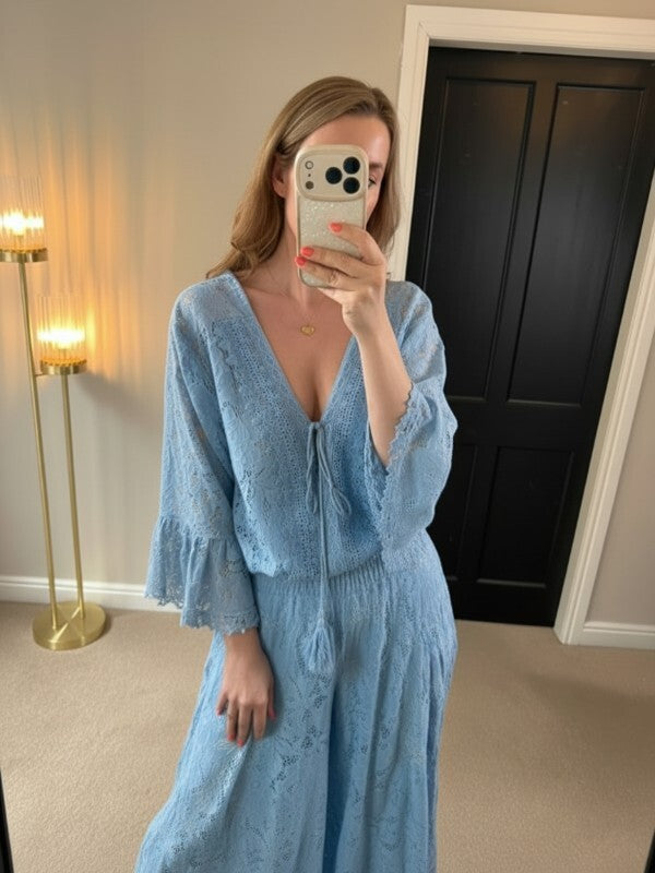 Boutique Light Blue Lace Wide Leg Trouser Boho Co Ord One Size