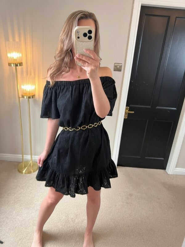 Floozie Off The Shoulder Black Broderie Anglaise Mini Dress Medium