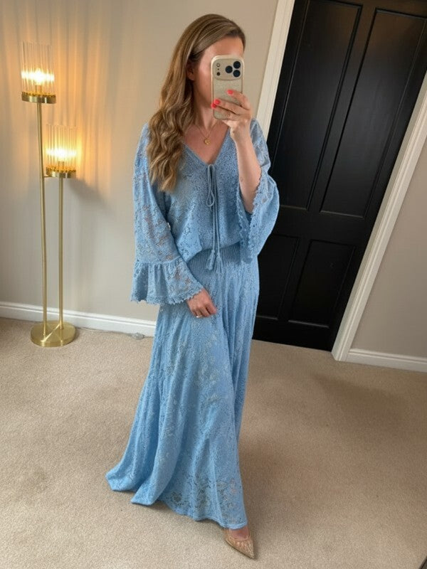 Boutique Light Blue Lace Wide Leg Trouser Boho Co Ord One Size