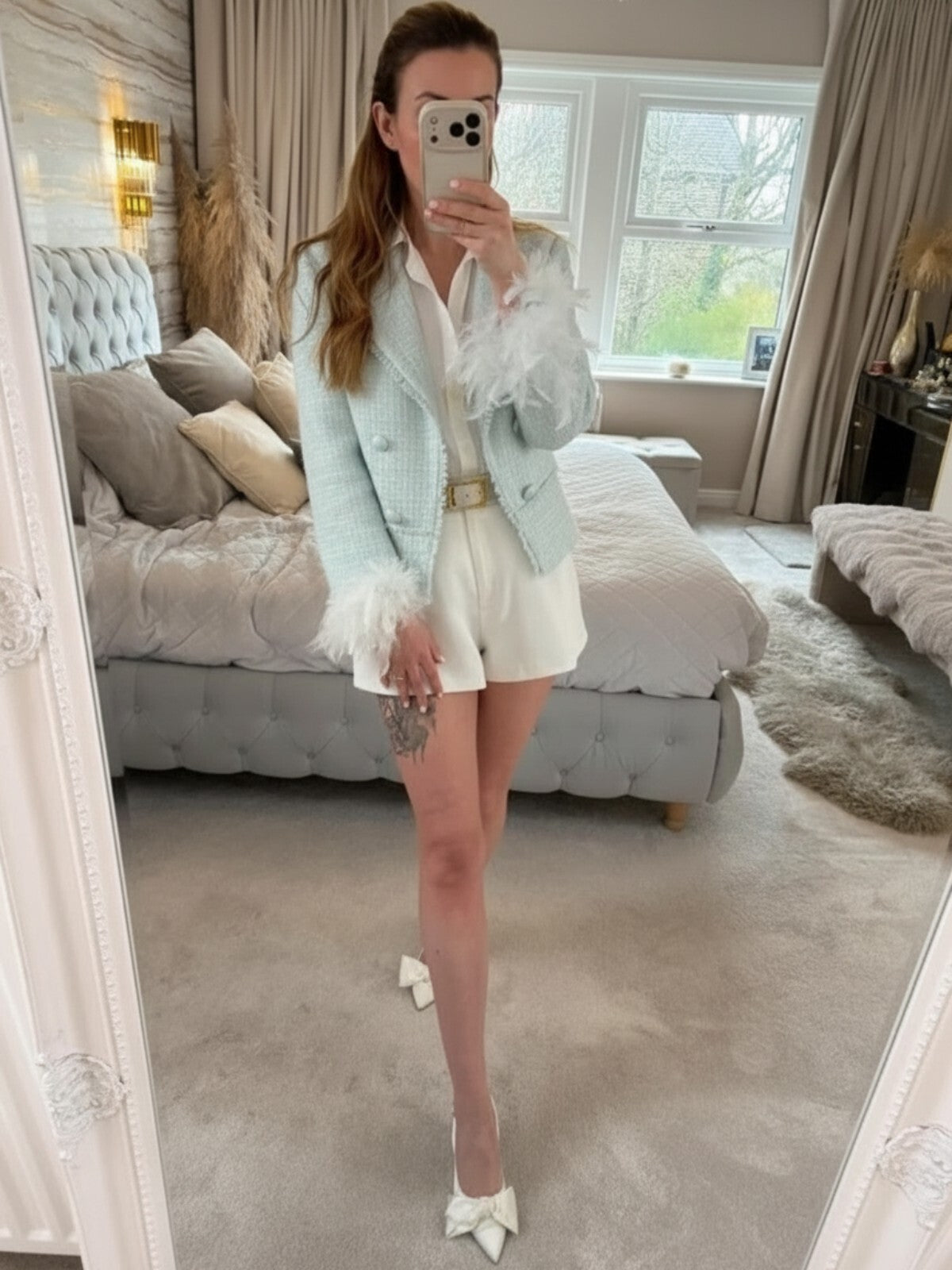BNWT River Island Mint Green Tweed Feather Cuff Blazer 10