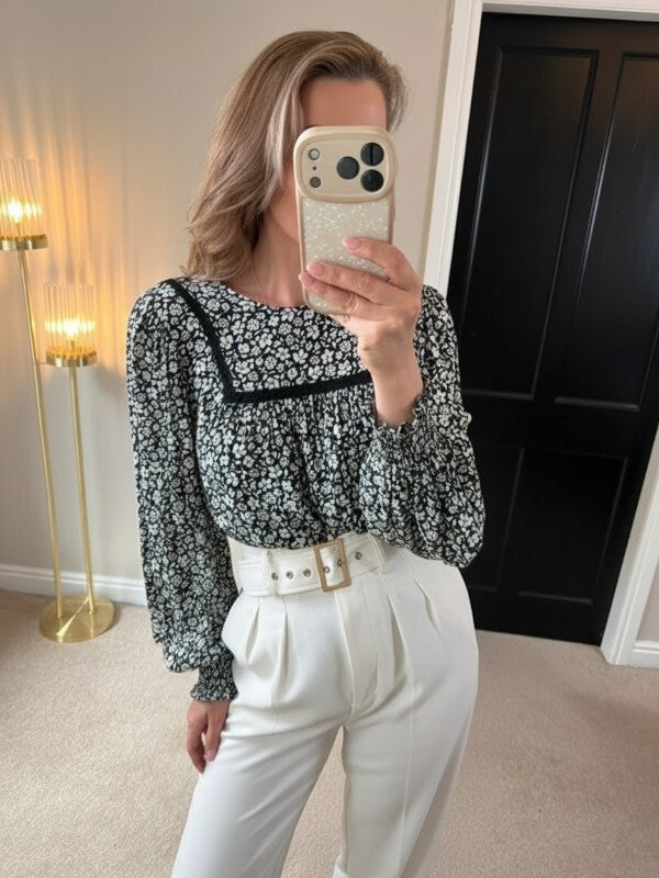M&S Black & White Floral Boho Blouse 10