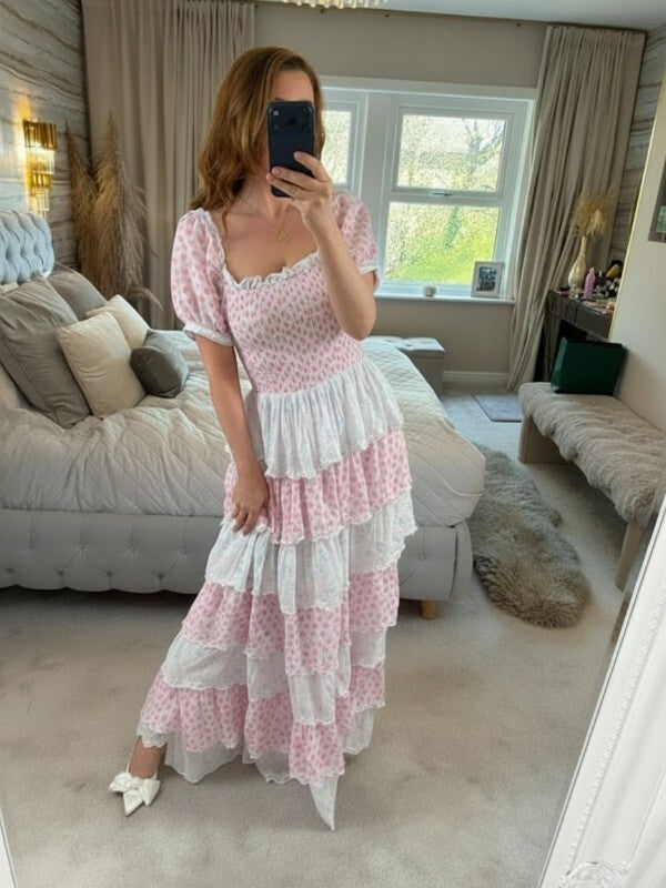 Amy Jane London Luna Pink & Blue Floral Tiered Maxi Dress Medium