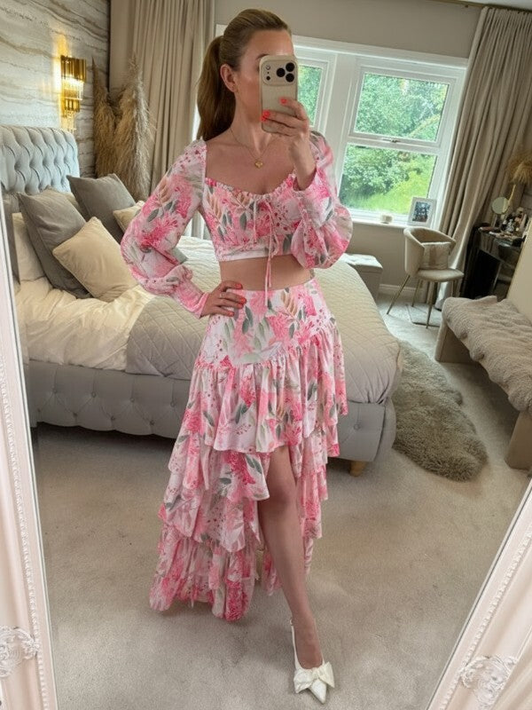 Moocci Pink & White Floral Tiered Skirt Co Ord