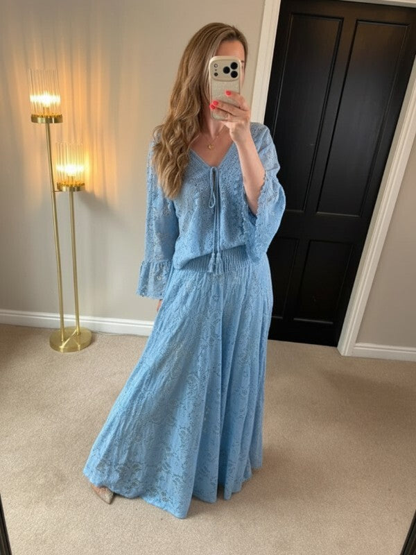 Boutique Light Blue Lace Wide Leg Trouser Boho Co Ord One Size
