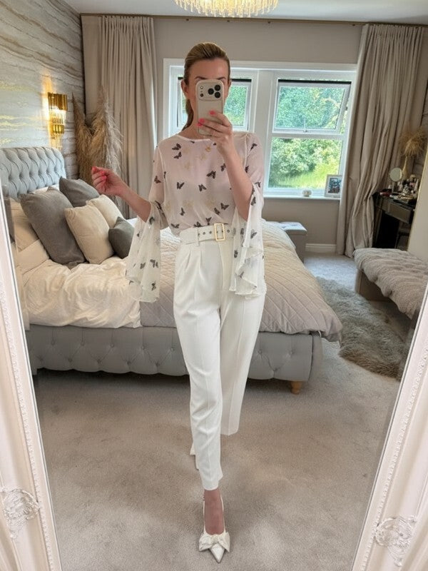 Ribbon White Sheer Butterfly Flared Sleeve Blouse 10