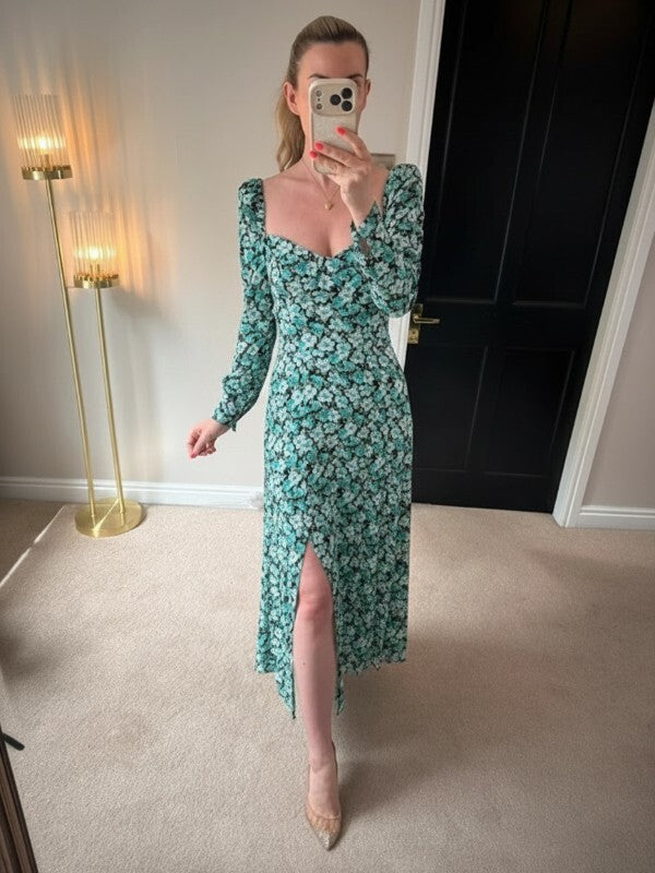 Los Angeles Atelier & Other Stories Green/Blue Floral Puff Sleeve Midi Dress Small