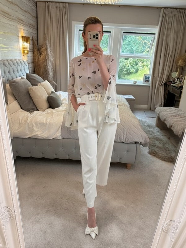 Ribbon White Sheer Butterfly Flared Sleeve Blouse 10
