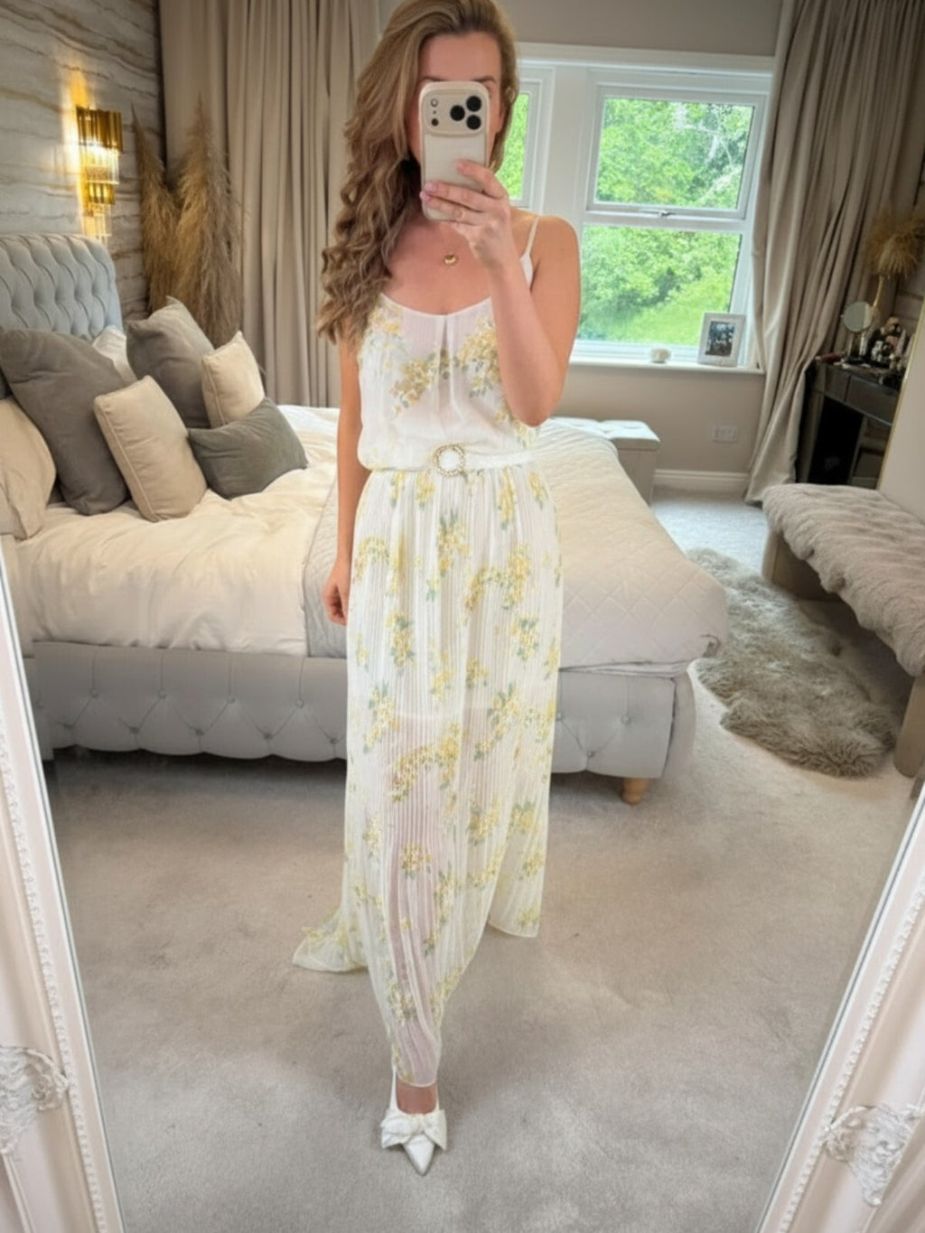 Oasis Sheer White & Yellow Floral Pleated Maxi Dress 12
