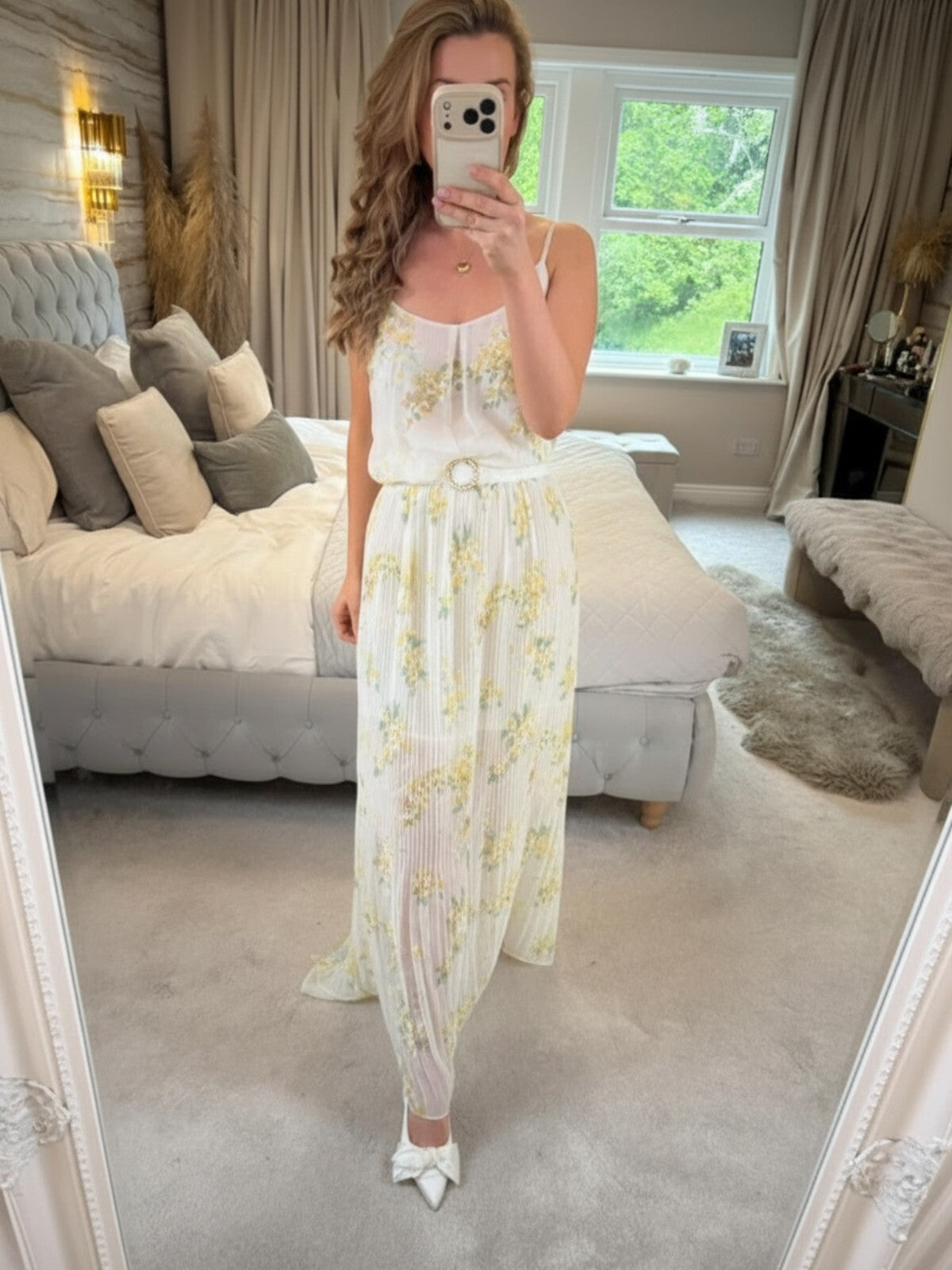 Oasis Sheer White & Yellow Floral Pleated Maxi Dress 12