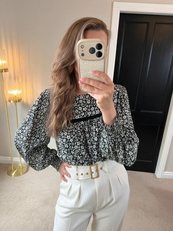 M&S Black & White Floral Boho Blouse 10