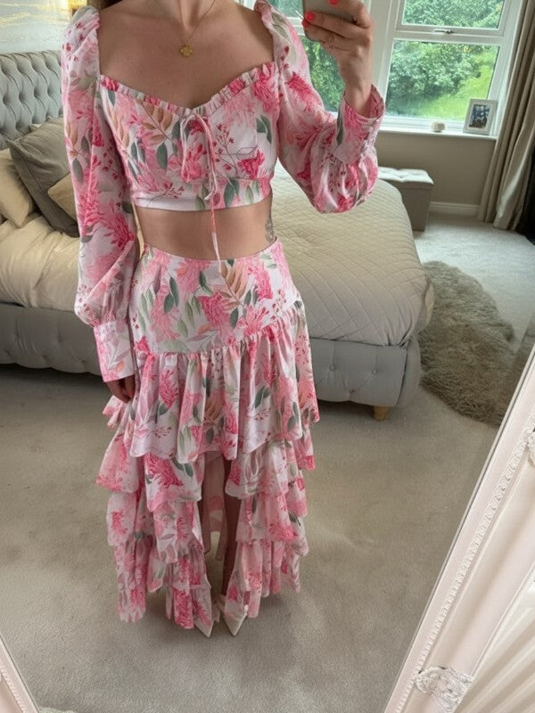 Moocci Pink & White Floral Tiered Skirt Co Ord