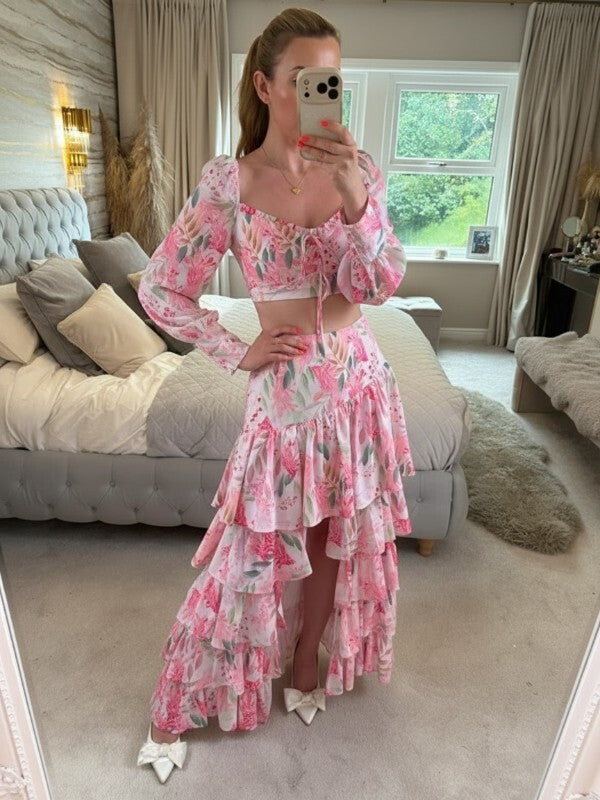 Moocci Pink & White Floral Tiered Skirt Co Ord