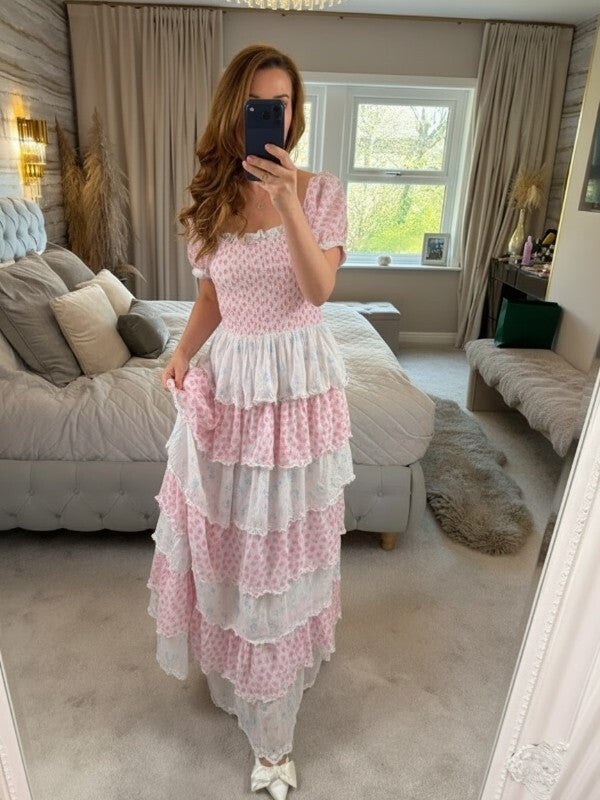 Amy Jane London Luna Pink & Blue Floral Tiered Maxi Dress Medium
