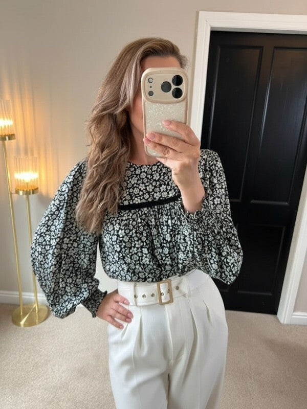 M&S Black & White Floral Boho Blouse 10