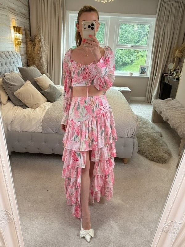 Moocci Pink & White Floral Tiered Skirt Co Ord