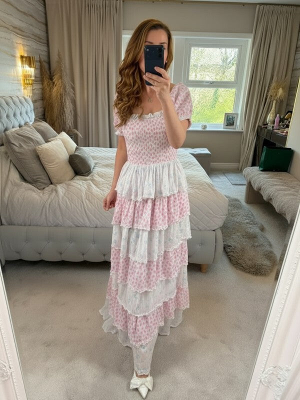 Amy Jane London Luna Pink & Blue Floral Tiered Maxi Dress Medium
