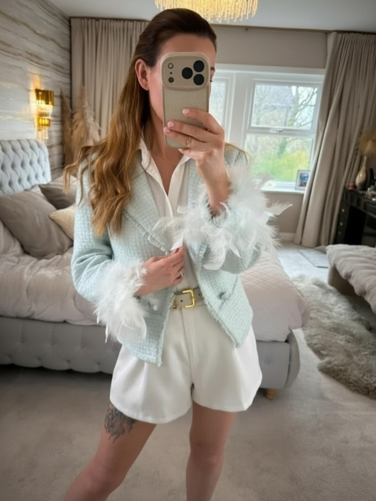 BNWT River Island Mint Green Tweed Feather Cuff Blazer 10