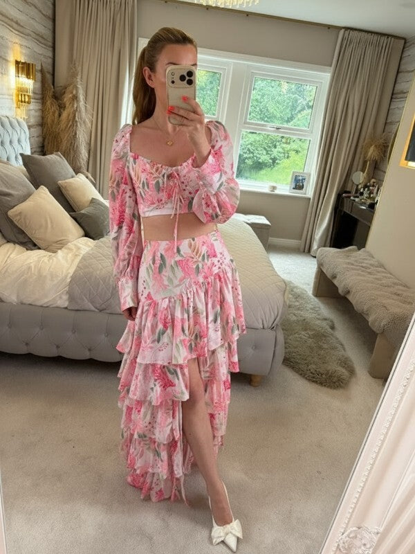 Moocci Pink & White Floral Tiered Skirt Co Ord