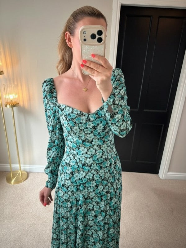 Los Angeles Atelier & Other Stories Green/Blue Floral Puff Sleeve Midi Dress Small