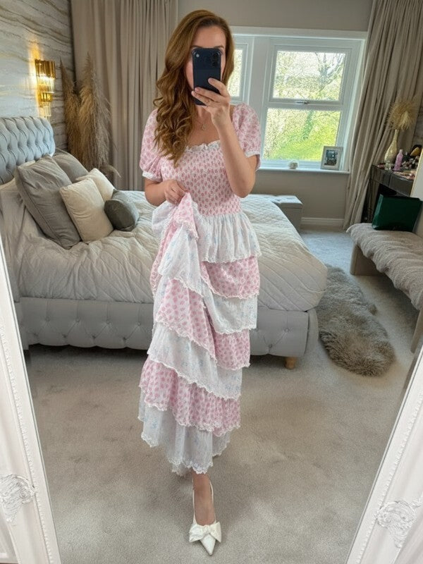 Amy Jane London Luna Pink & Blue Floral Tiered Maxi Dress Medium