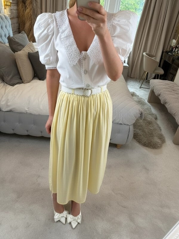 1980s Vintage Chelsea Girl Lemon Yellow Pleat Midi Skirt Small