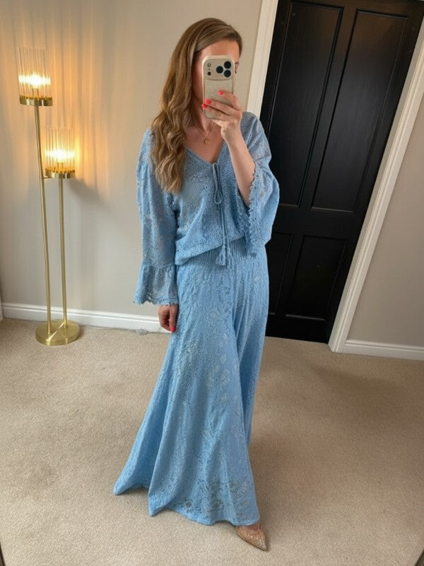 Boutique Light Blue Lace Wide Leg Trouser Boho Co Ord One Size