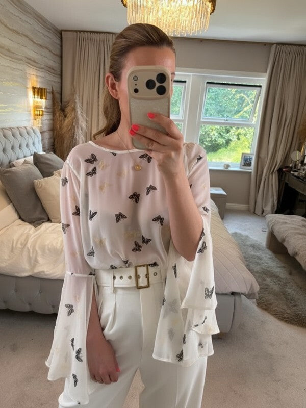 Ribbon White Sheer Butterfly Flared Sleeve Blouse 10