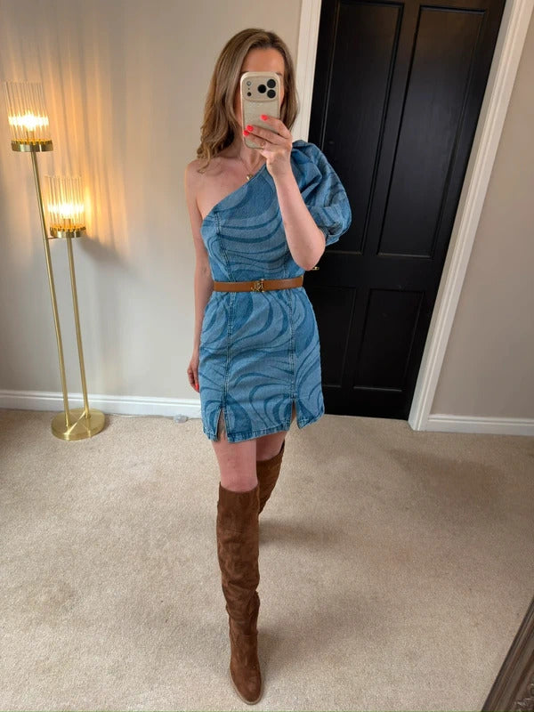 ASOS Denim One Shoulder Puff Sleeve Retro Style Mini Dress Size 10