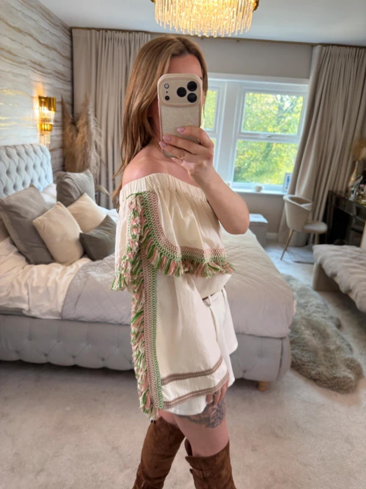 Celia Dragouni Cream Boho Tassel Blouse