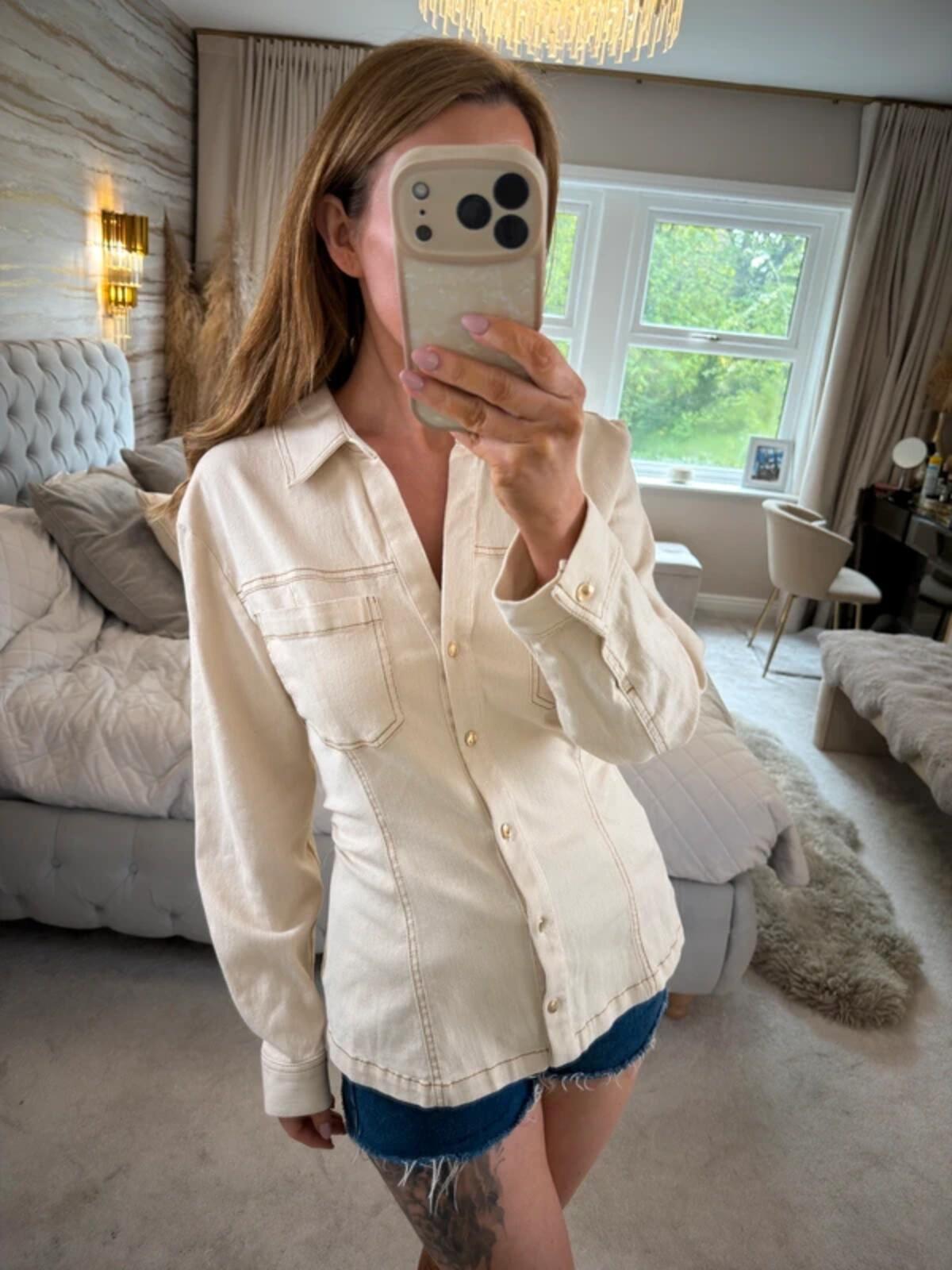 Zara Cream Denim Fitted Shirt Large