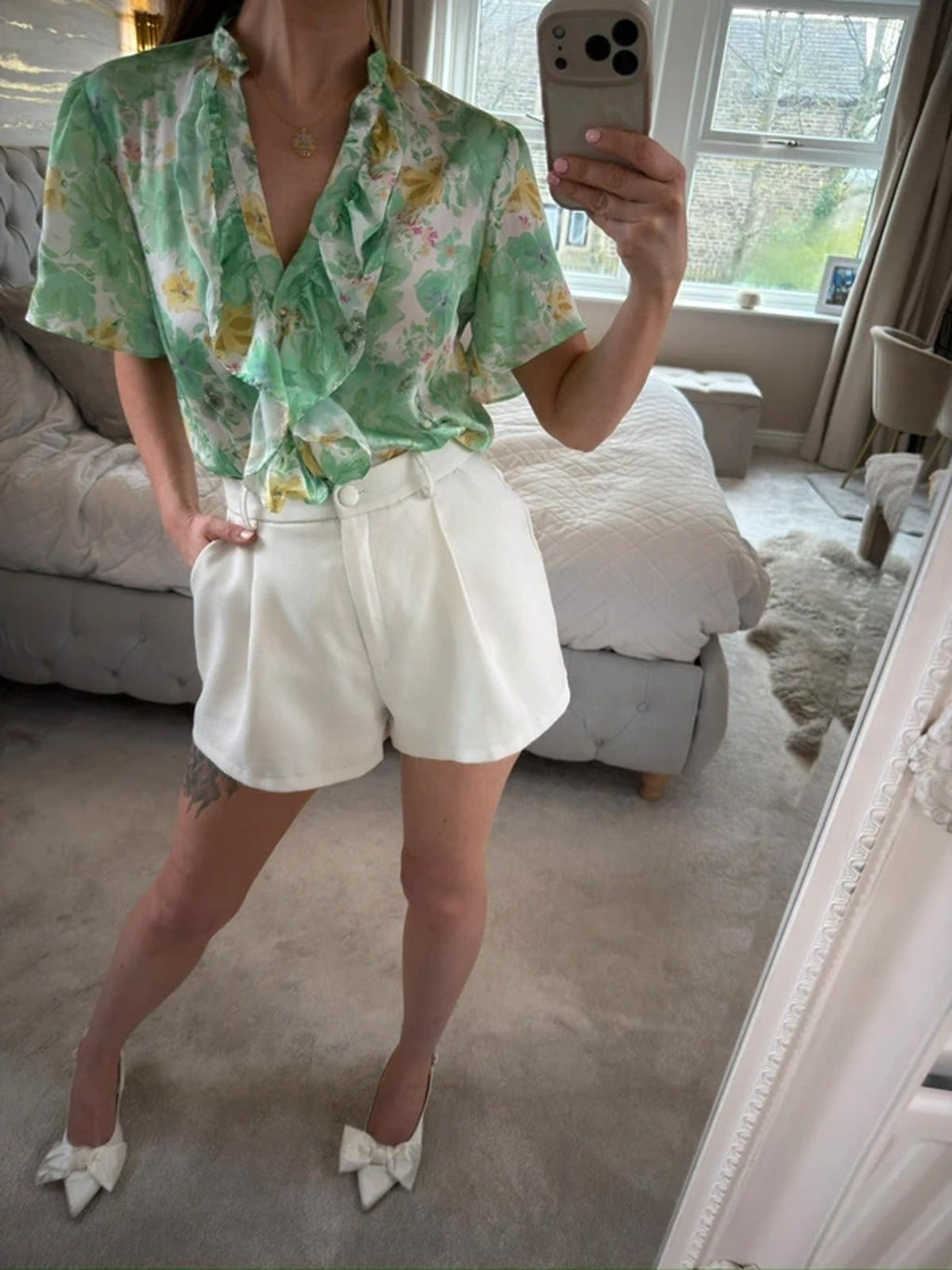 Zara Green Floral Frill Blouse Small