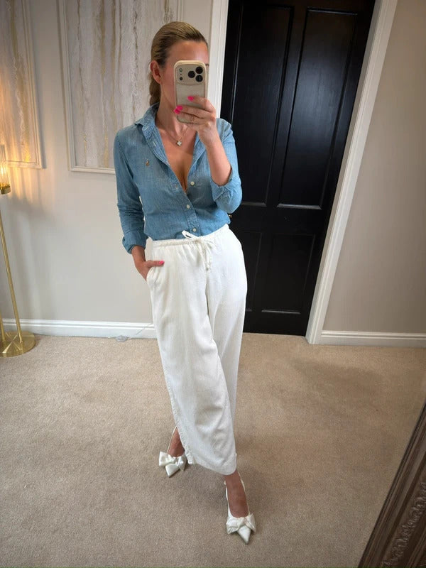 Hollister White Linen Blend Trousers Large