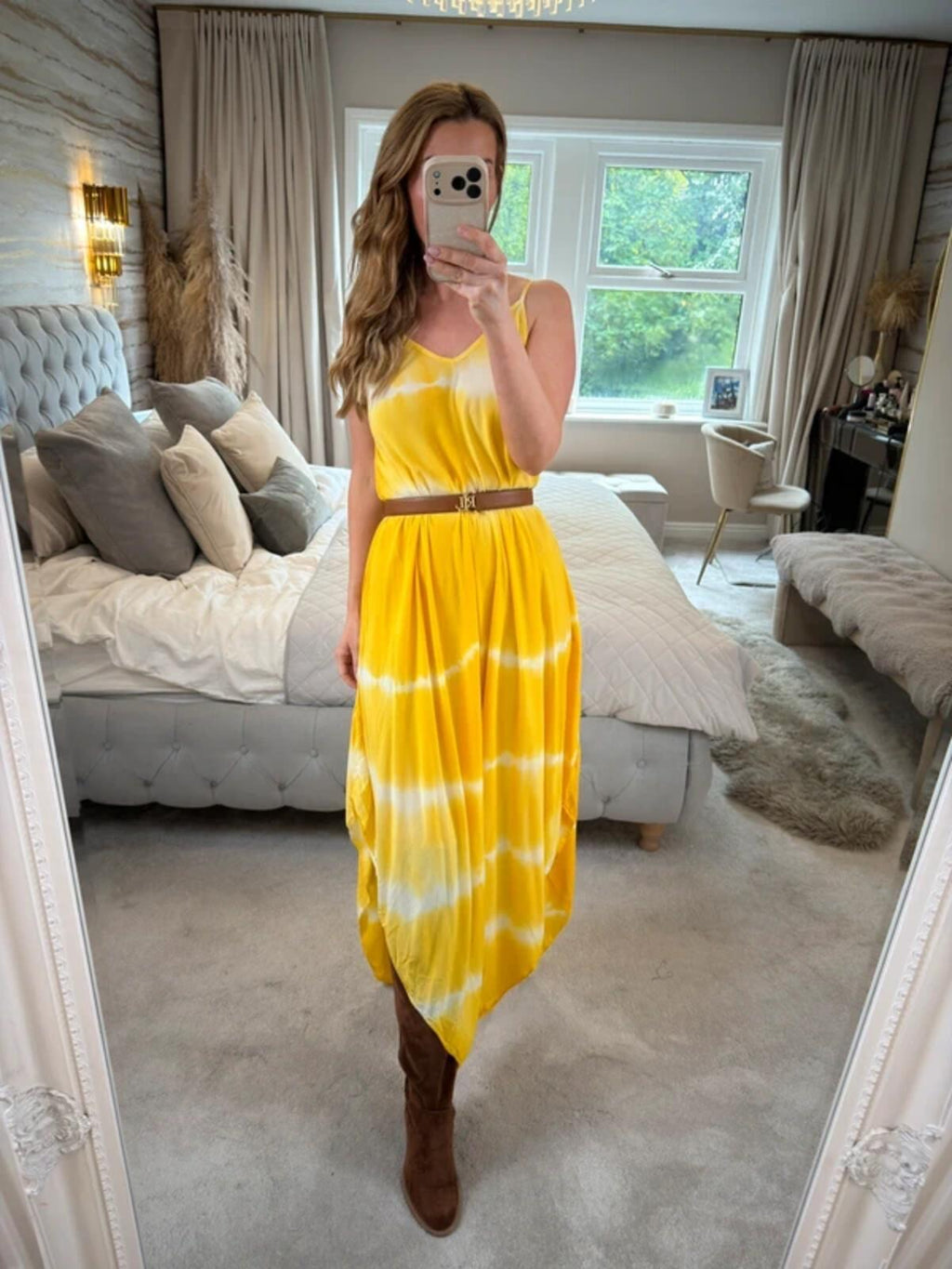 Boutique Yellow Tie Dye Dip Hem Dress One Size
