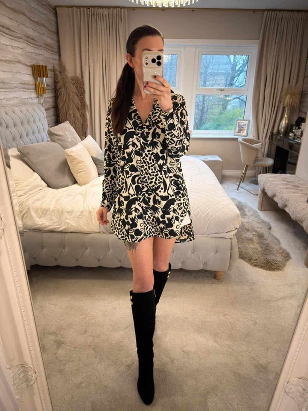 Monki Cream & Black Oversized Shirt XS