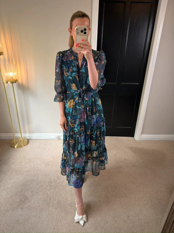 Next Navy Floral Tiered Frill Midi Dress 12