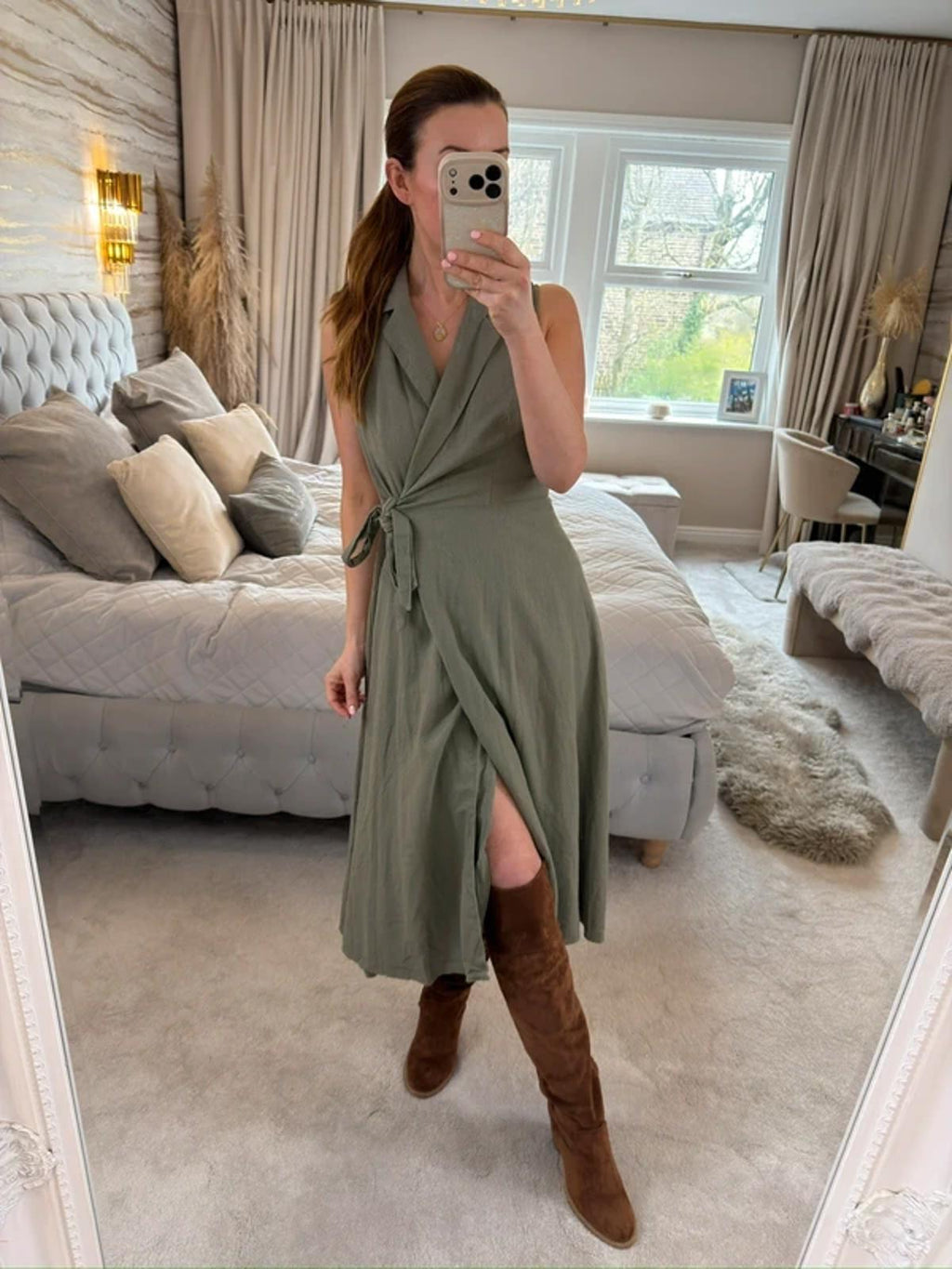 DKNY Khaki Linen Blend Wrap Dress 8