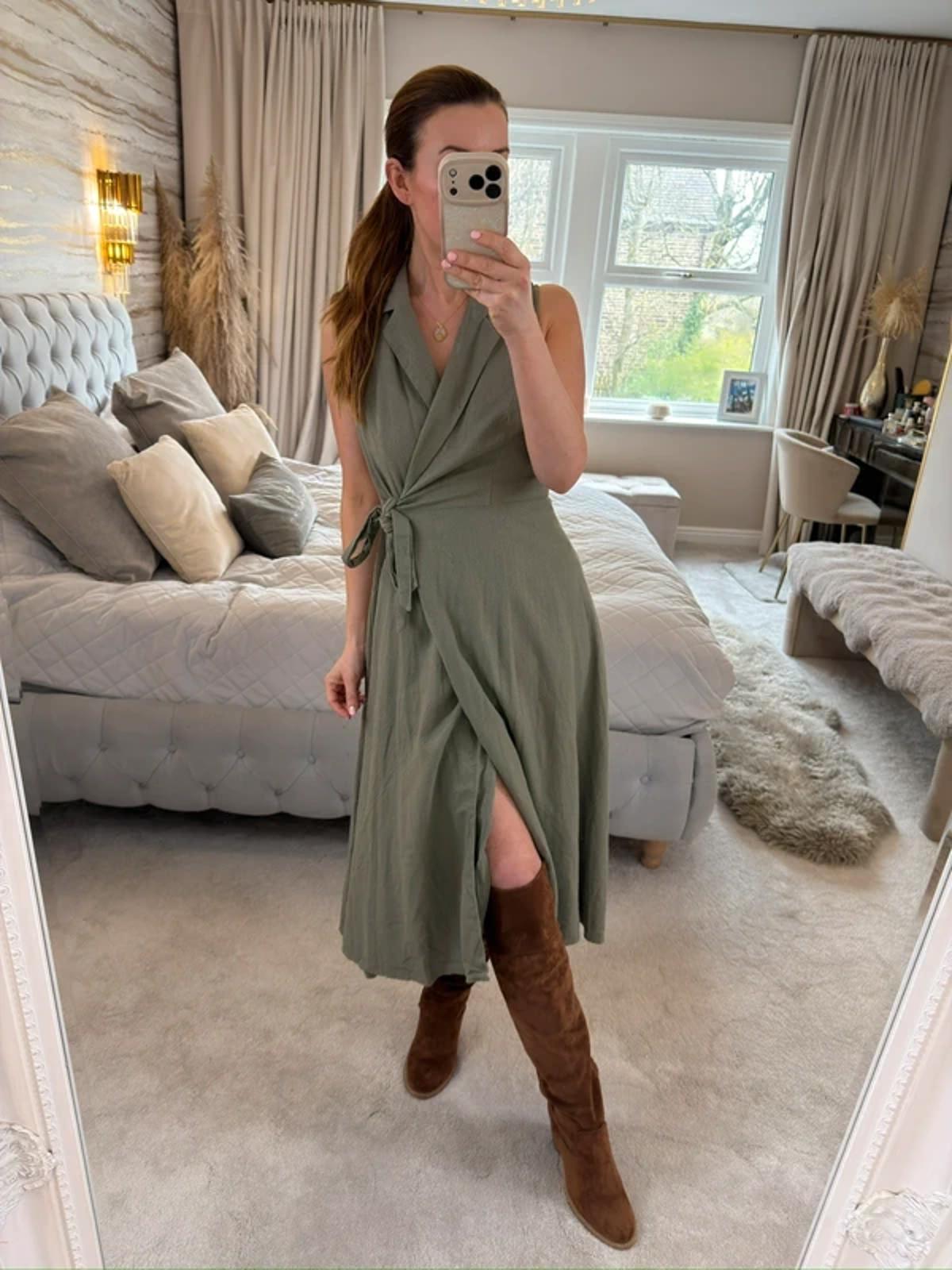 DKNY Khaki Linen Blend Wrap Dress 8
