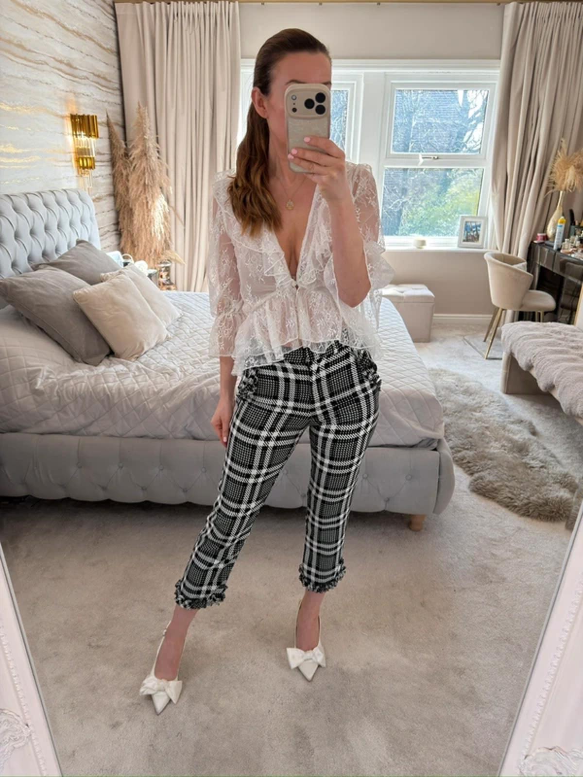 River Island Black & White Check Frill Cropped Trouser 6