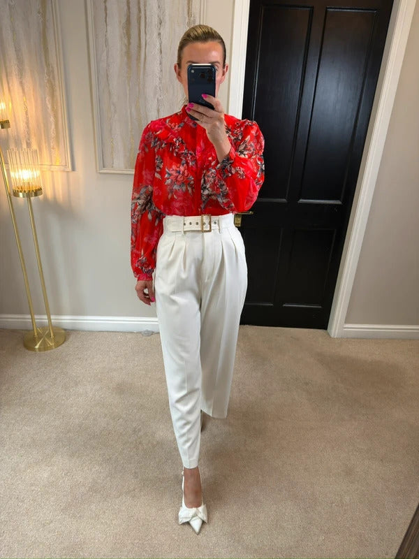 French Connection Red Sheer Floral Frill Blouse 10