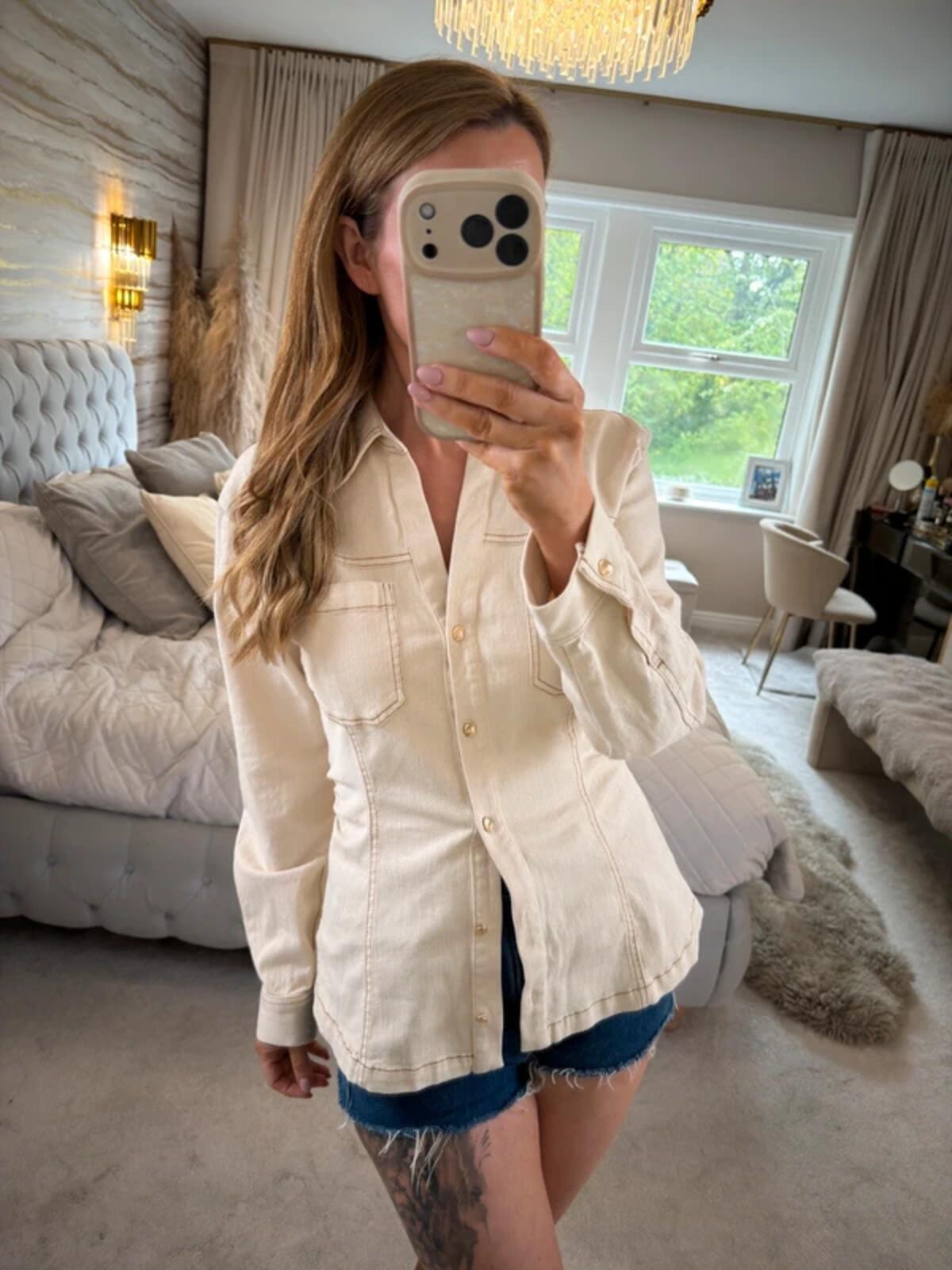 Zara Cream Denim Fitted Shirt Large