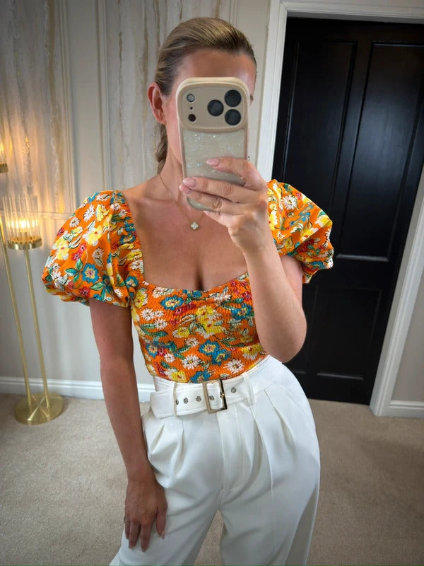 Zara Orange Puff Sleeve Crop Top 8/10