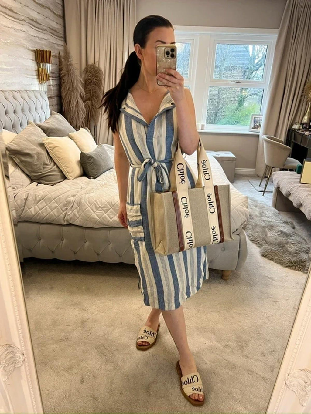 Cream & Blue Stripe Belted Midi Dress 12